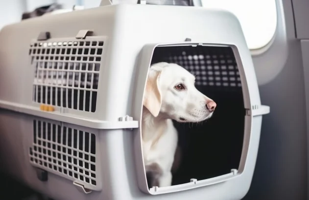 Cachorro em caixa de transporte dentro de um avião; viagem; PET; animais de estimação