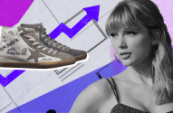 Colagem de Taylor Swift em P&B e um tênis customizado com desenhos, com flecha de crescimento no fundo.