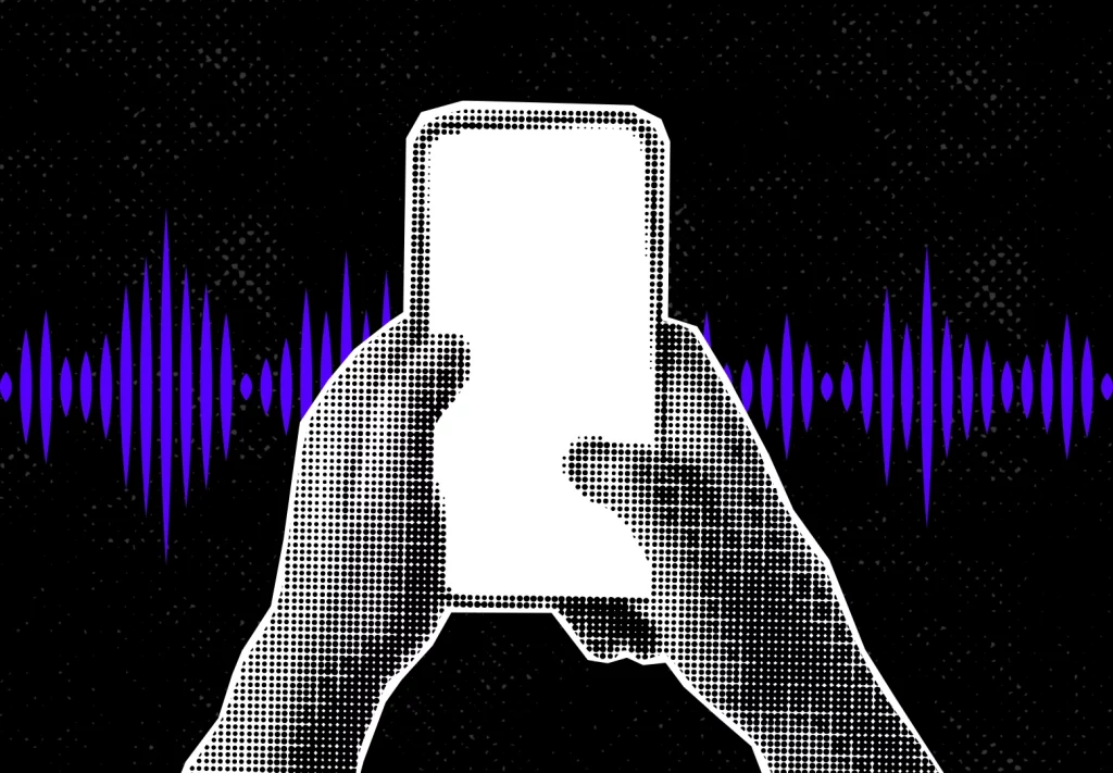 Montagem de um celular sendo manuseado com um gráfico de gravação de som ao fundo