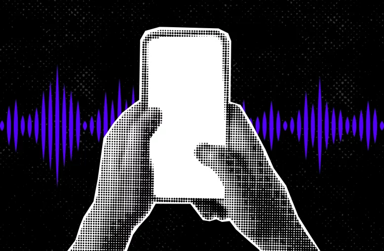 Montagem de um celular sendo manuseado com um gráfico de gravação de som ao fundo