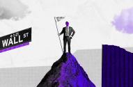Montagem de homem no pico de uma montanha hasteando uma bandeira; ao redor sobreposições de grafismos, nuvens e uma placa de Wall Street