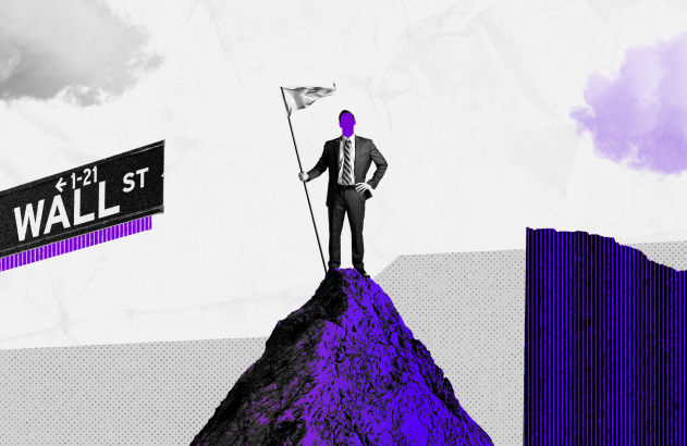 Montagem de homem no pico de uma montanha hasteando uma bandeira; ao redor sobreposições de grafismos, nuvens e uma placa de Wall Street