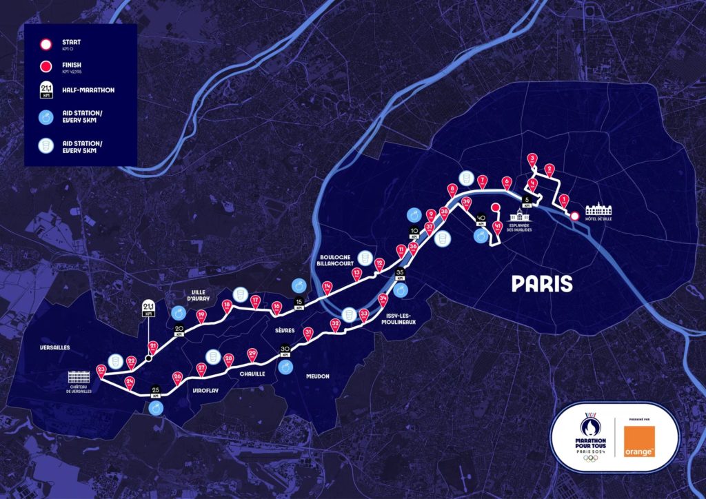 Mapa da Maratona de Paris 2024: rota Versailles a Paris, com kms e estações de apoio.