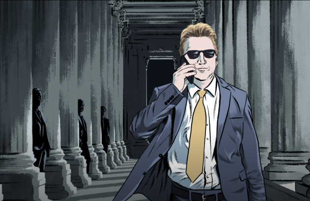 Homem loiro, terno azul e óculos escuros, falando ao celular em corredor com colunas e figuras escuras ao fundo.