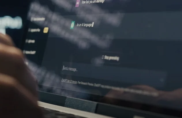 Mão digitando comandos no ChatGPT