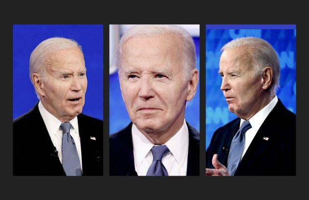 Três fotos de Joe Biden com expressões variadas em fundo azul: falando, sério e pensativo.