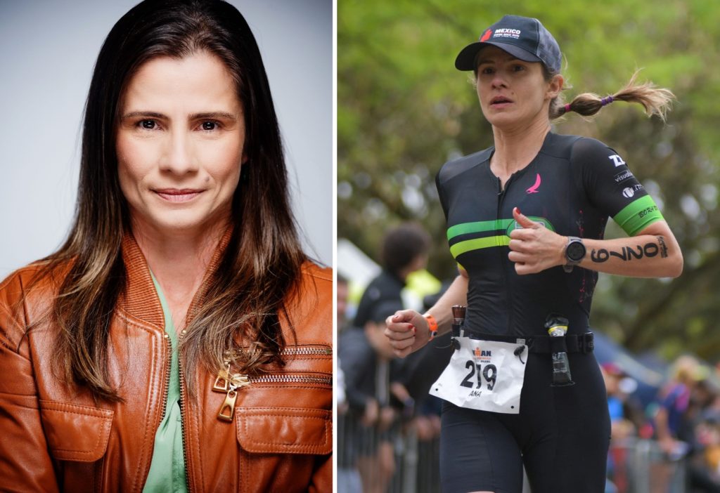 Duas imagens da mesma mulher. Uma em retrato sorrindo, outra correndo em traje esportivo.