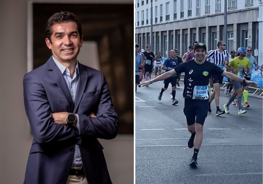 Homem: de terno, sorrindo (esq.) e correndo em prova de rua com braços abertos (dir.).