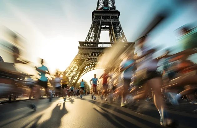 Ilustração simulando uma prova de corrida nos arredores da Torre Eiffel, em Paris, França