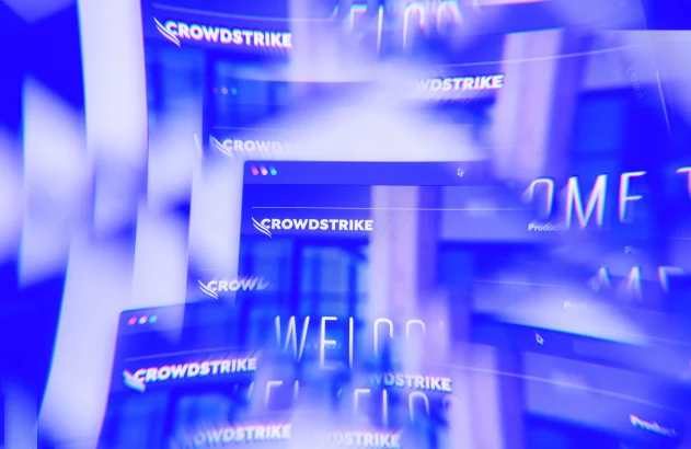 Montagem com sobreposições do logo da Crowdstrike