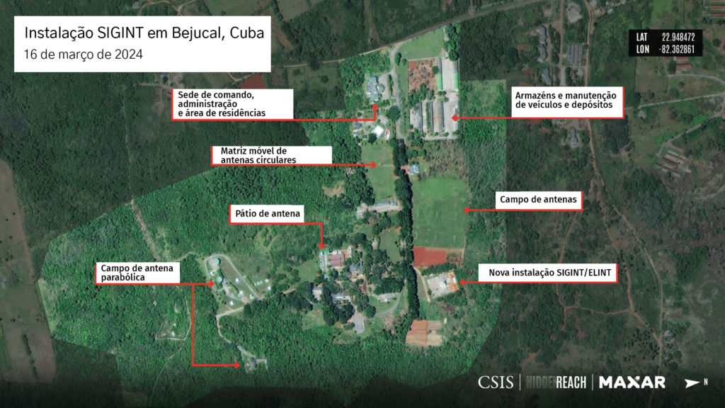 Imagem de satélite da instalação SIGINT em Bejucal, Cuba, com áreas de comando, antenas e nova instalação ELINT.