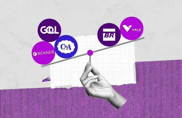 Ilustração de empresas afetadas pela alta do dólar (C&A, Renner e Gol); versus empresas beneficiadas (Petrobras; Vale)