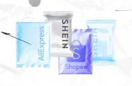 Ilustração sobre e-commerce com pacotes de entrega da AliExpress, Shein e Shopee