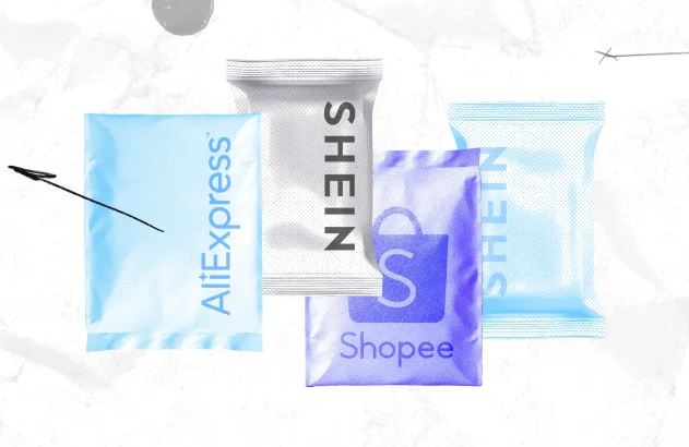 Ilustração sobre e-commerce com pacotes de entrega da AliExpress, Shein e Shopee
