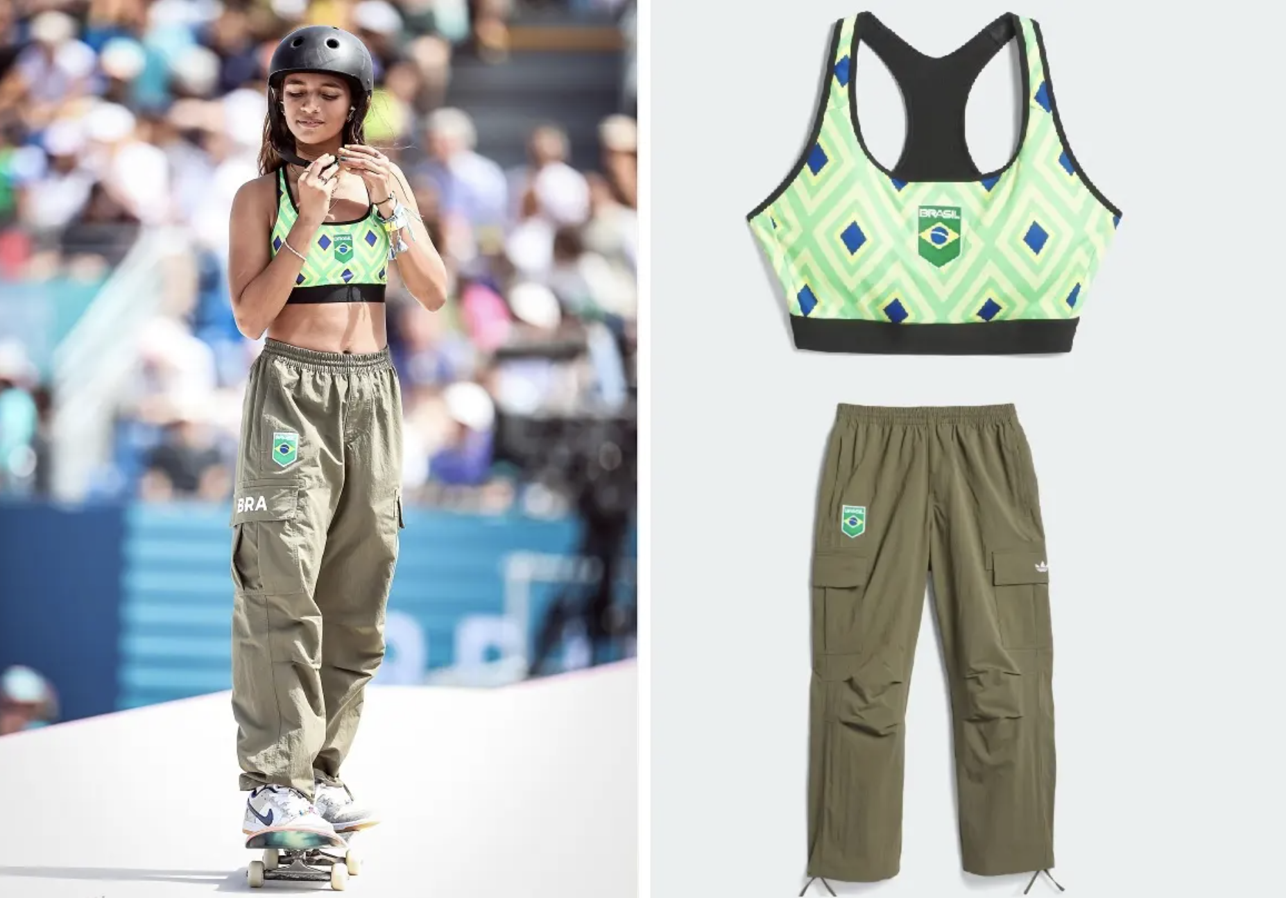 Skatista com capacete, top verde-limão/Brasil e calça cargo verde-oliva no skate, e ao lado, os itens de roupa.
