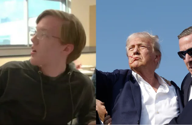 À esquerda, Thomas Crooks, o atirador de 20 anos que atirou e feriu o ex-presidente Donald Trump em um comício na Pensilvânia, em um antigo comercial da Blackrock. À direita, O ex-presidente republicano Donald Trump levanta o punho ao ser levado para fora do palco durante um comício em 13 de julho de 2024 em Butler, Pensilvânia. Fotos: Reprodução; Anna Moneymaker/Getty Images