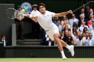 Tenista masculino de branco em salto, golpeando a bola com a raquete em uma quadra de grama de Wimbledon.