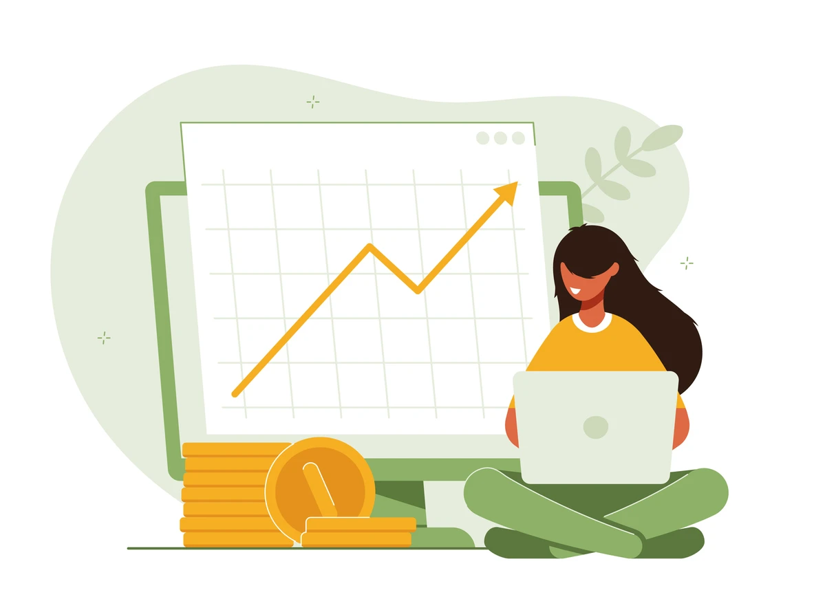 Mulher analisando crescimento financeiro em gráficos com computador, moedas de ouro ao lado e um fundo com folhas verdes representando sucesso financeiro.