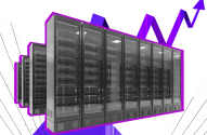 Imagem de um datacenter com uma seta mostrando o crescimento.