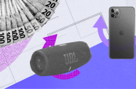 Cédulas de real, caixa de som JBL e smartphone. Setas roxas indicam compra, venda ou troca de eletrônicos.