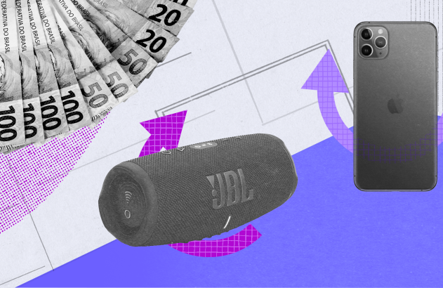 Cédulas de real, caixa de som JBL e smartphone. Setas roxas indicam compra, venda ou troca de eletrônicos.