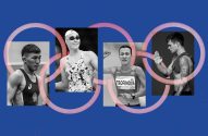 Quatro atletas em P&B: um lutador, uma nadadora, uma corredora e um atleta com tatuagem de leão, sobre anéis olímpicos.