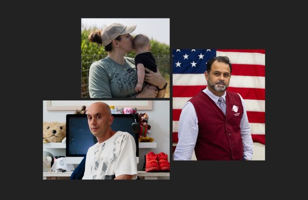 Três fotos: mulher beijando bebê, homem careca em frente ao PC, e homem com barba diante da bandeira EUA.
