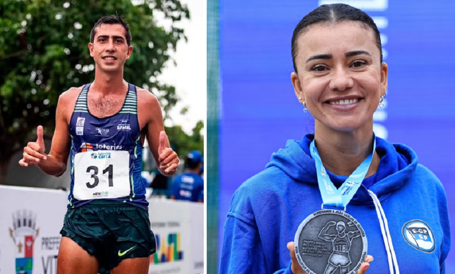 Dois atletas sorrindo: um homem fazendo 'joinha', e uma mulher segurando uma medalha.
