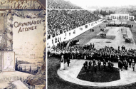 Pôster vintage dos Jogos Olímpicos de 1896 e foto P&B do Estádio Panatenaico lotado em Atenas.