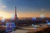 Paris: Torre Eiffel, Rio Sena e elementos digitais azuis na paisagem urbana.