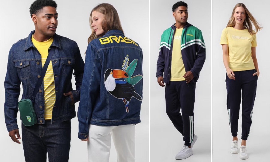 Quatro modelos vestem roupas casuais inspiradas no Brasil. Jaquetas, camisetas e calças em azul, verde e amarelo.