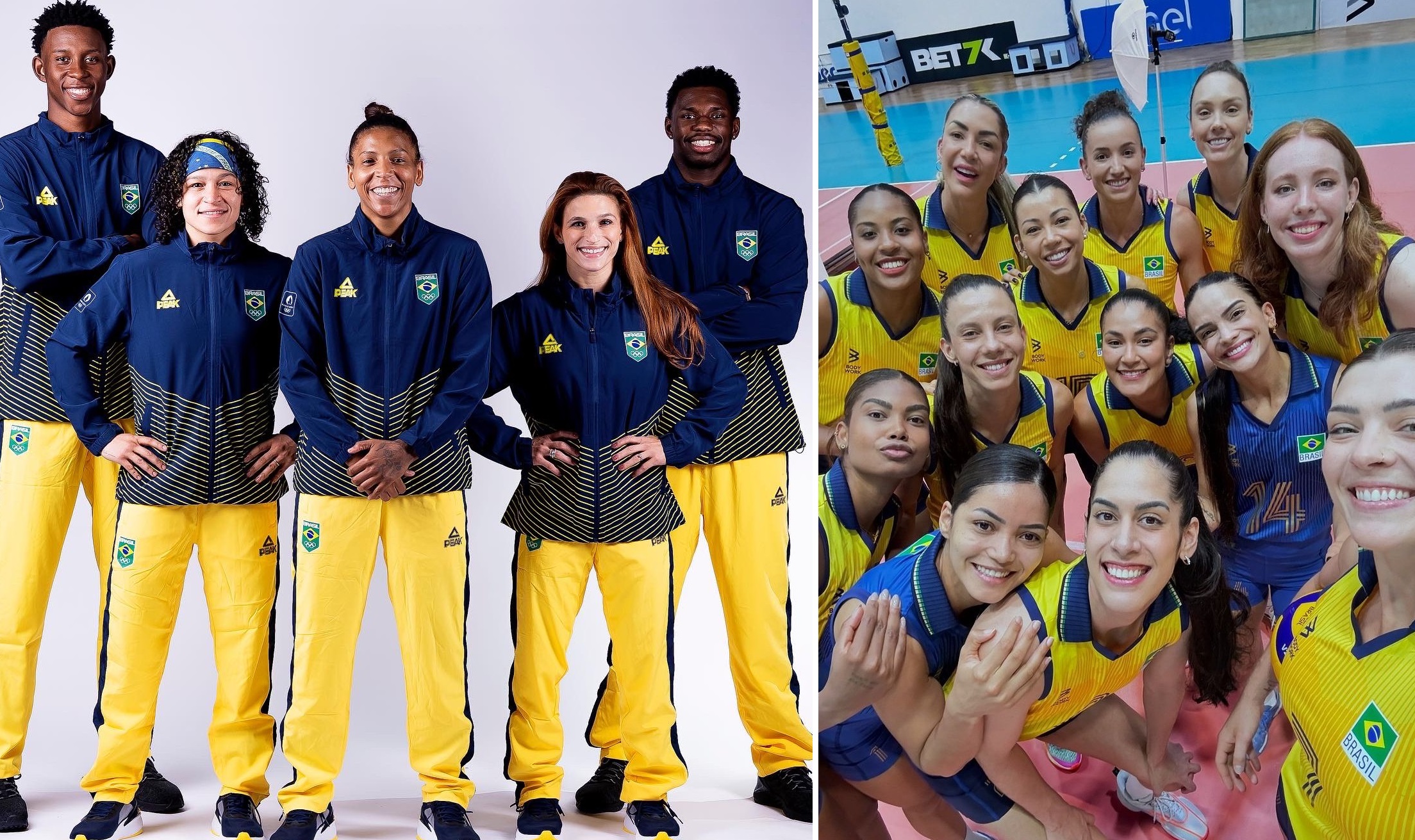 Atletas brasileiros: 5 em agasalhos posando e um time de vôlei feminino sorrindo em quadra.