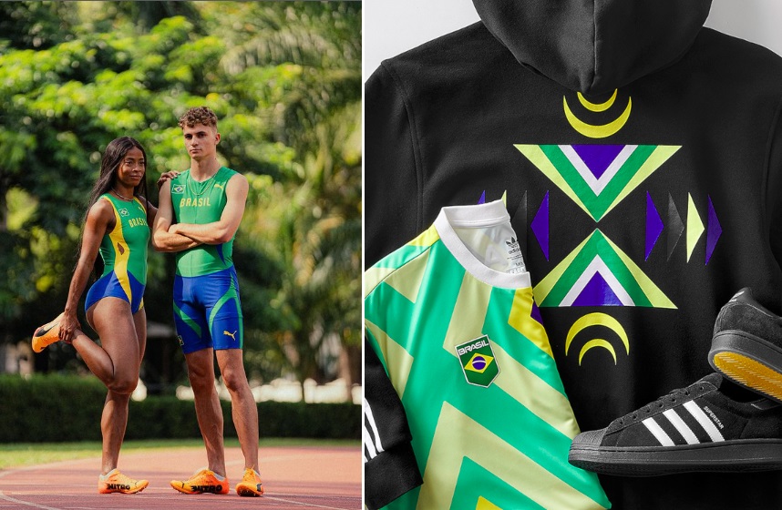 Atletas brasileiros com uniformes esportivos em pista de corrida; à direita, roupas e tênis esportivos com as cores do Brasil.