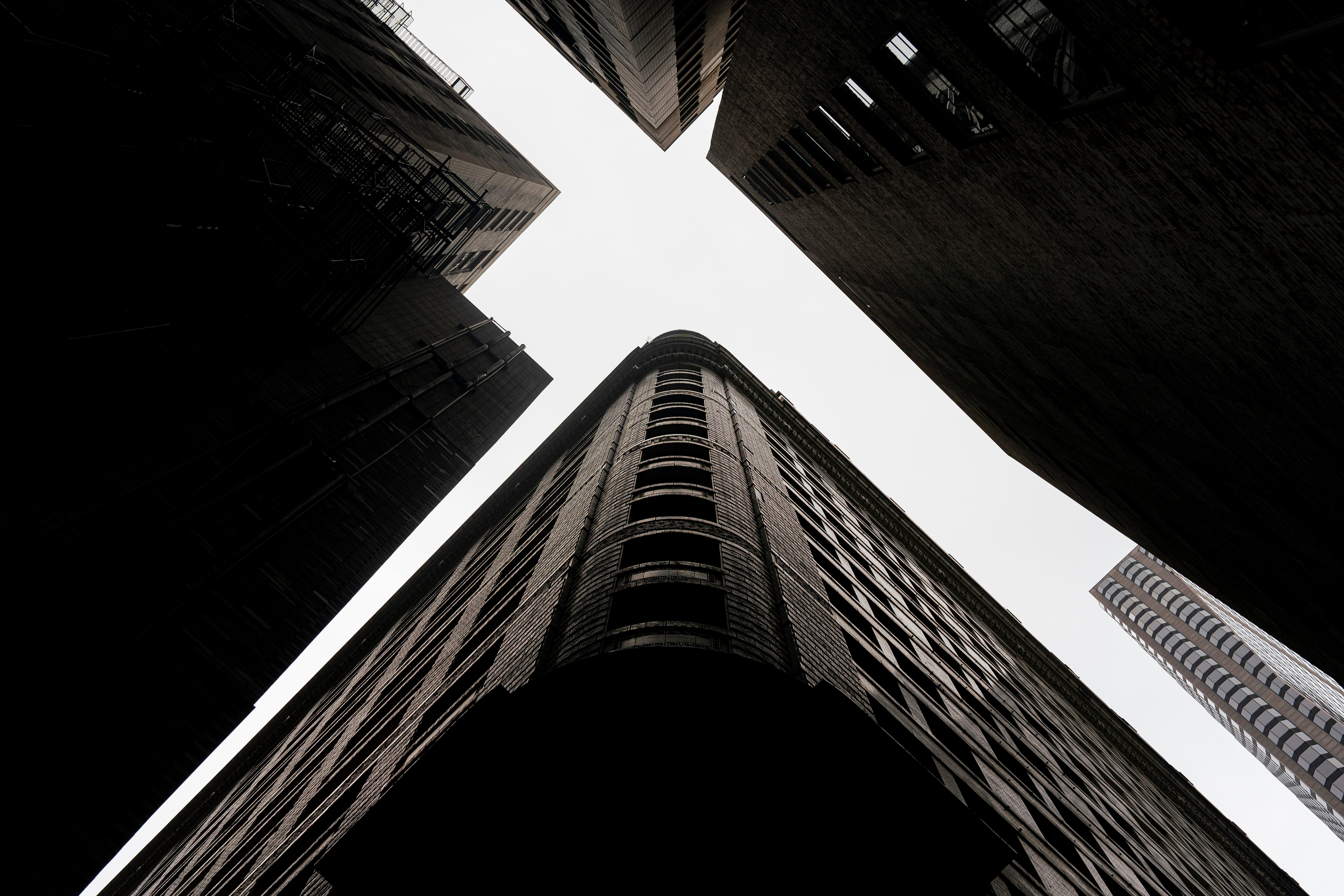 Perspectiva de baixo para cima de prédios altos escuros emoldurando um céu claro.