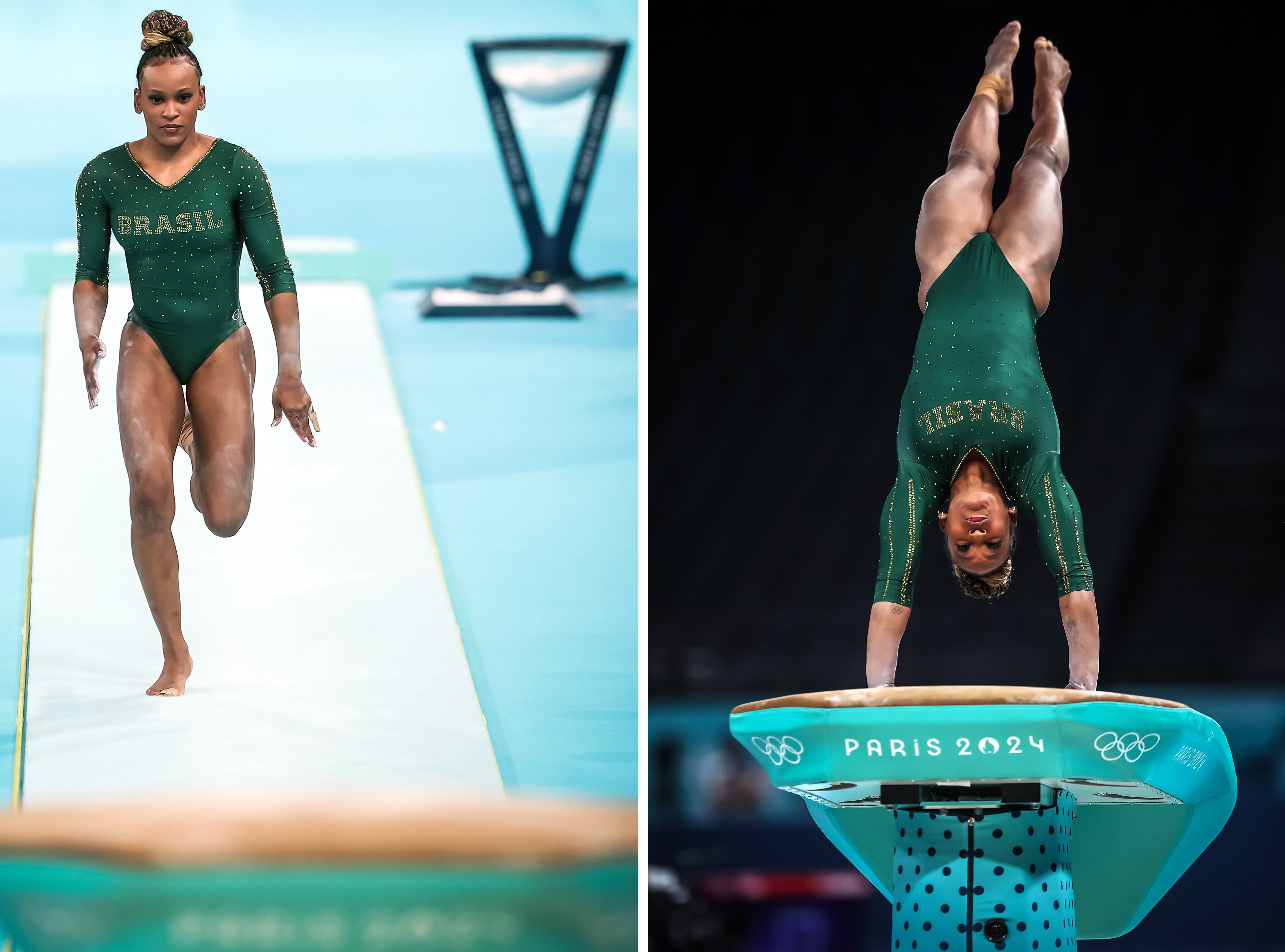 Ginasta brasileira: andando na pista e em parada de mãos na mesa de salto dos Jogos Olímpicos de Paris 2024.