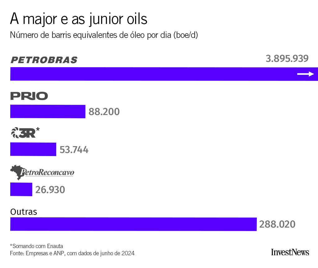 Gráfico de barras: Petrobras produz 3,9 mi de barris/dia, superando muito as "junior oils" como PRIO, 3R e PetroReconcavo.