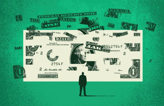 Homem olhando para uma nota de dólar se partindo