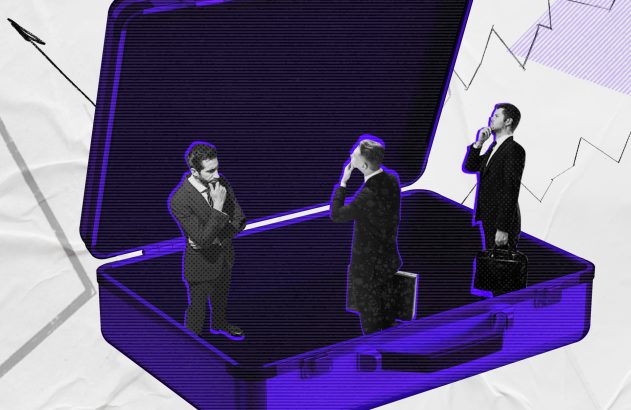 Três CEOs pensativos em maleta aberta roxa, com gráfico financeiro e papel amassado.