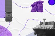 Caminhão, sacas e navio conectados por linha pontilhada em ilustração de cadeia de suprimentos.