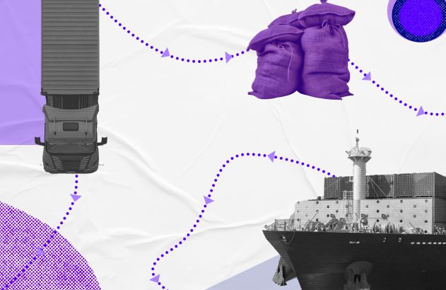 Caminhão, sacas e navio conectados por linha pontilhada em ilustração de cadeia de suprimentos.