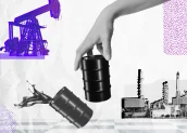 Imagem mostra uma mão segurando um barril de petróleo com recortes que fazem referência a petroleiras no fundo.