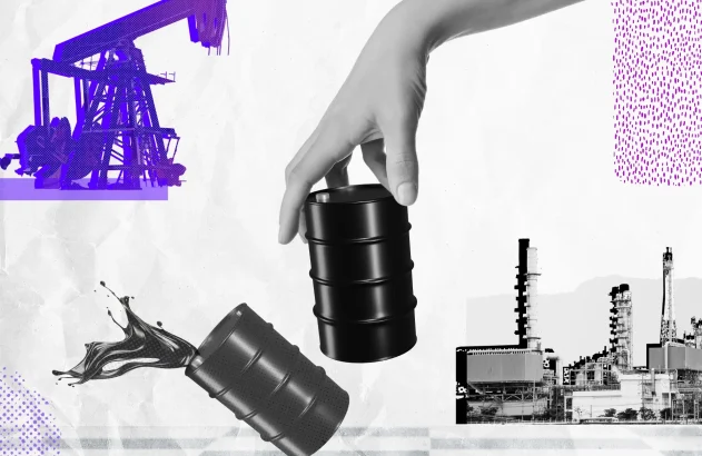 Imagem mostra uma mão segurando um barril de petróleo com recortes que fazem referência a petroleiras no fundo.