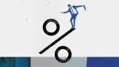 Ilustração mostrando o sinal de percentual e um homem se equilibrando sobre o sinal