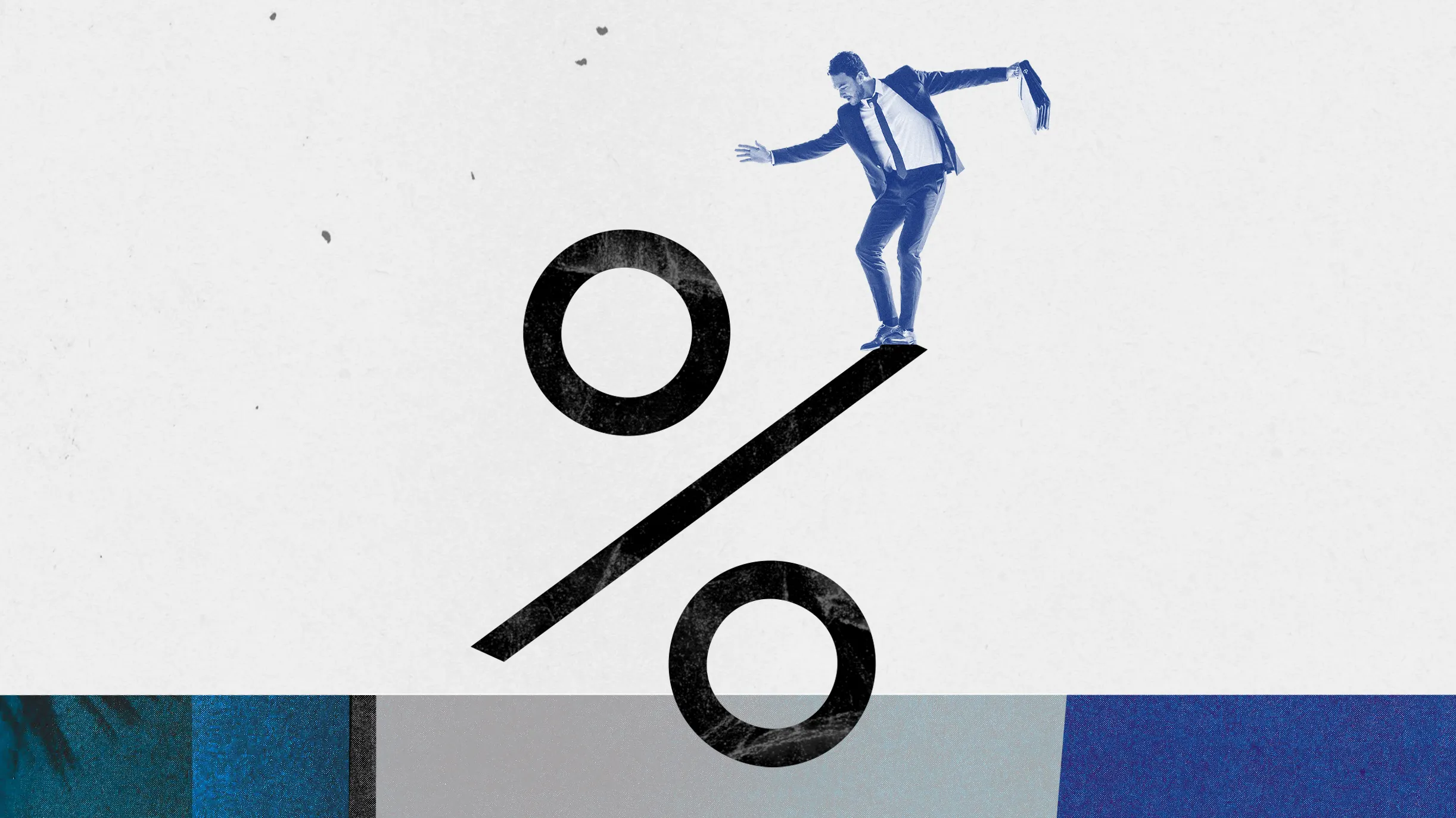 Ilustração mostrando o sinal de percentual e um homem se equilibrando sobre o sinal