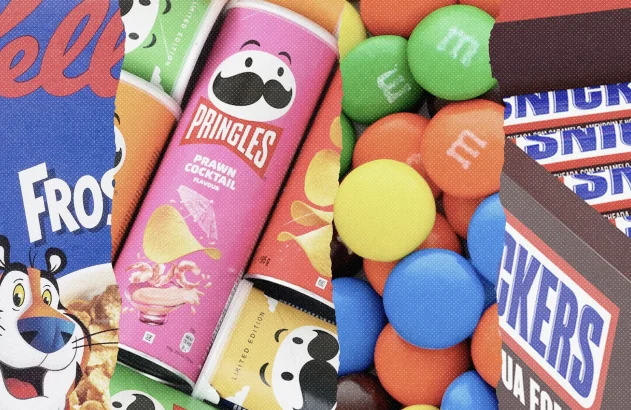 Montagem com produtos da Mars: Sucrilhos, Pringles, M&M's e Snickers