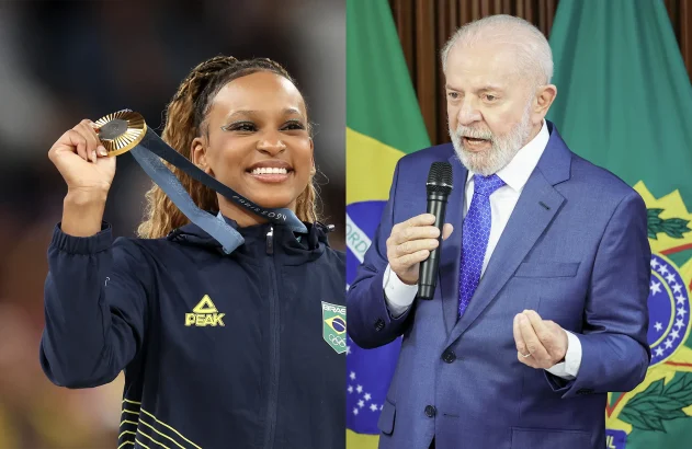 Montagem com imagens de Rebeca Andrade recebendo medalha de ouro nas Olimpíadas de Paris 2024 e do presidente Lula em reunião ministerial em agosto de 2024