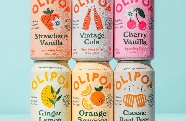 Seis latas de refrigerantes OLIPOP de sabores diversos, empilhadas em duas fileiras.
