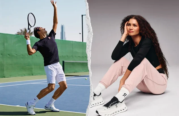 Montagem com imagens de campanha da On com Roger Federer e Zendaya