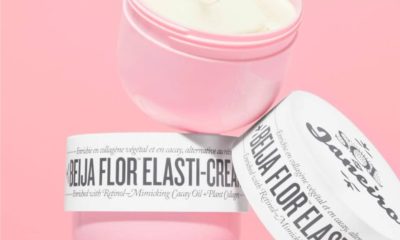 Dois potes rosa de creme "Beija Flor Elasti-Cream" da Sol de Janeiro, um aberto e o outro deitado.