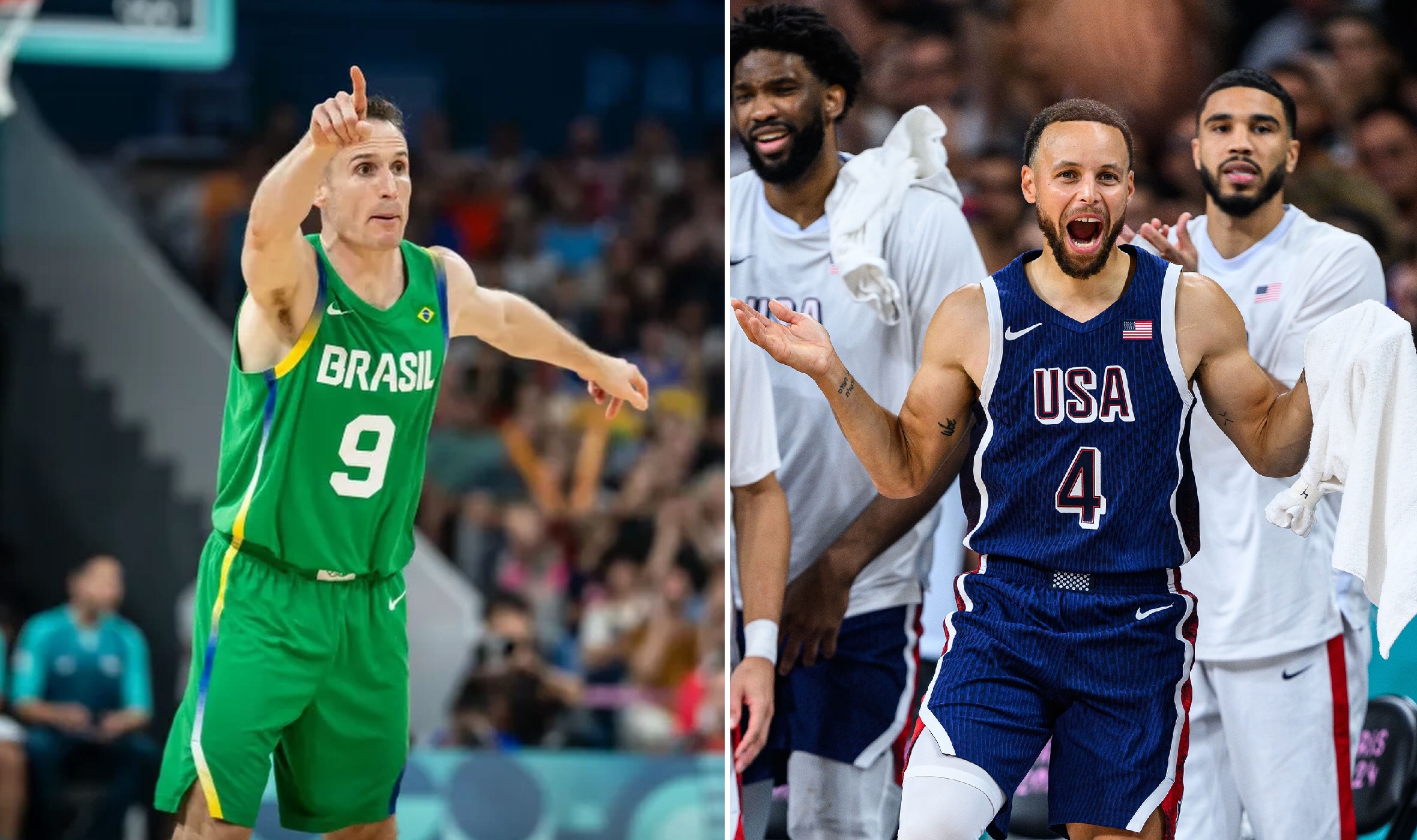 Dois jogadores de basquete: um do Brasil (verde, apontando) e outro dos EUA (azul, celebrando).